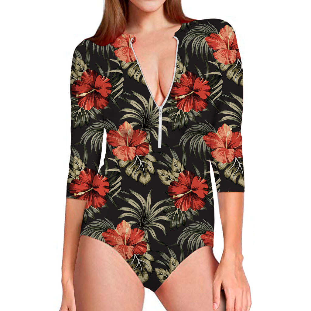 Vintage Tropical Hibiscus Floral Print Long Sleeve Swimsuit