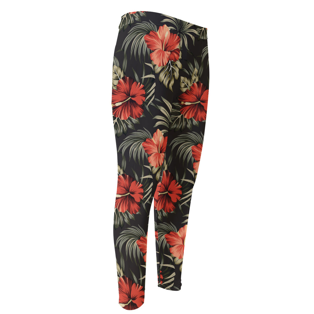 Vintage Tropical Hibiscus Floral Print Men's Compression Pants