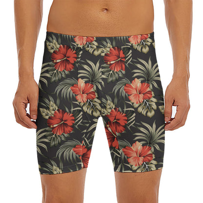 Vintage Tropical Hibiscus Floral Print Men's Long Boxer Briefs