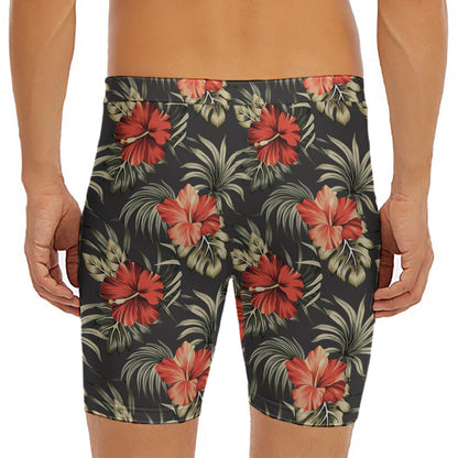 Vintage Tropical Hibiscus Floral Print Men's Long Boxer Briefs