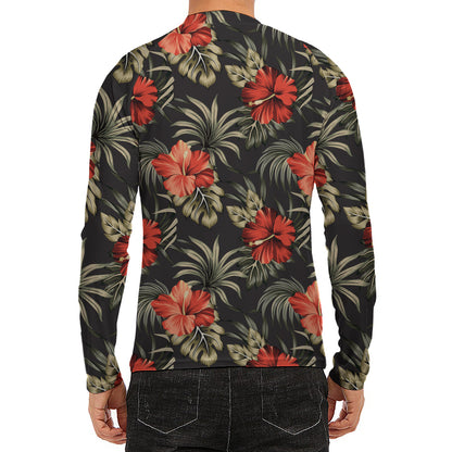 Vintage Tropical Hibiscus Floral Print Men's Long Sleeve Rash Guard