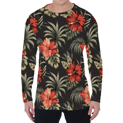 Vintage Tropical Hibiscus Floral Print Men's Long Sleeve T-Shirt