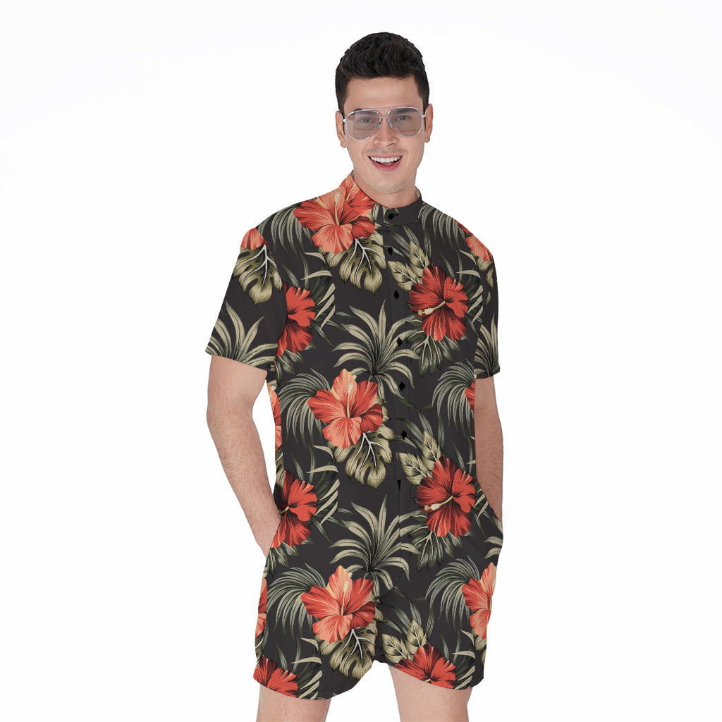 Vintage Tropical Hibiscus Floral Print Men's Rompers