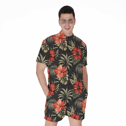 Vintage Tropical Hibiscus Floral Print Men's Rompers