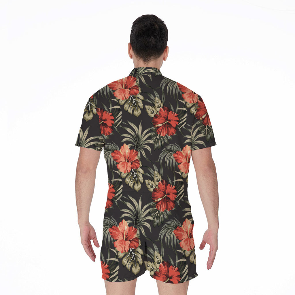 Vintage Tropical Hibiscus Floral Print Men's Rompers