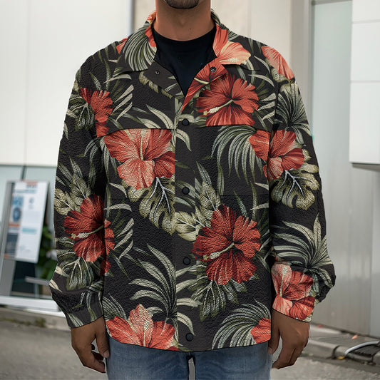 Vintage Tropical Hibiscus Floral Print Men's Shirt Jacket