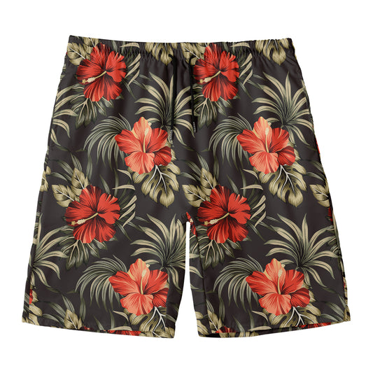 Vintage Tropical Hibiscus Floral Print Men's Swim Trunks