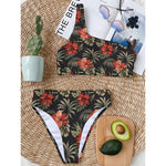 Vintage Tropical Hibiscus Floral Print One Shoulder Bikini Top