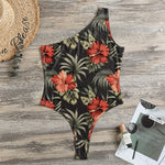 Vintage Tropical Hibiscus Floral Print One Shoulder Bodysuit
