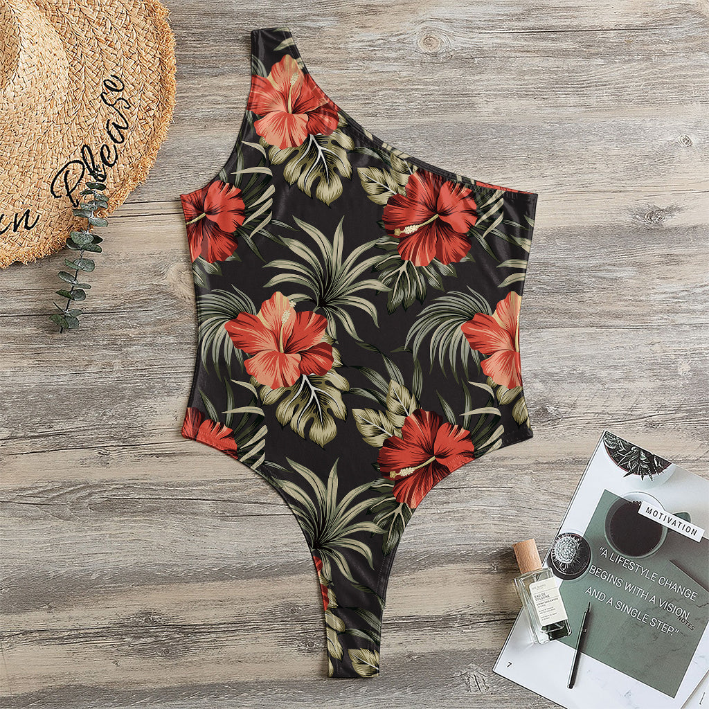 Vintage Tropical Hibiscus Floral Print One Shoulder Bodysuit