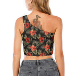 Vintage Tropical Hibiscus Floral Print One Shoulder Crop Top