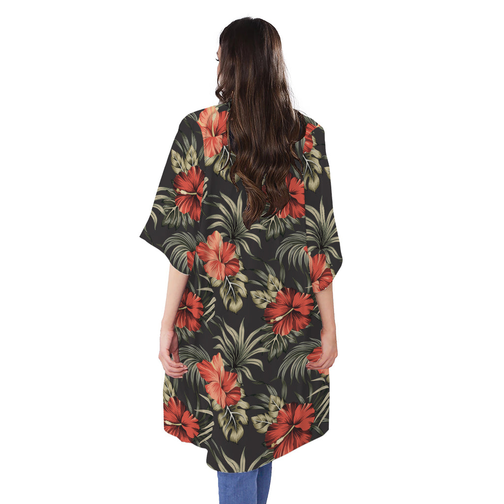 Vintage Tropical Hibiscus Floral Print Open Front Beach Cover Up