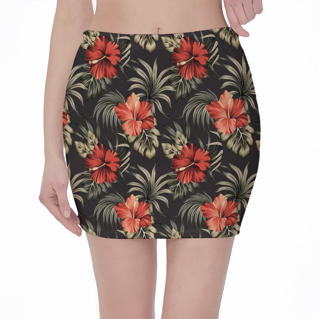 Vintage Tropical Hibiscus Floral Print Pencil Mini Skirt