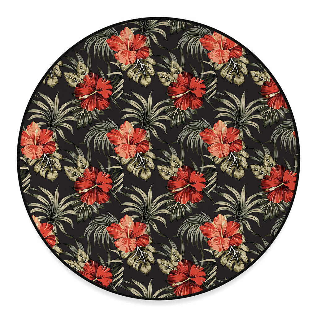 Vintage Tropical Hibiscus Floral Print Round Floor Mat