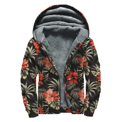 Vintage Tropical Hibiscus Floral Print Sherpa Lined Zip Up Hoodie