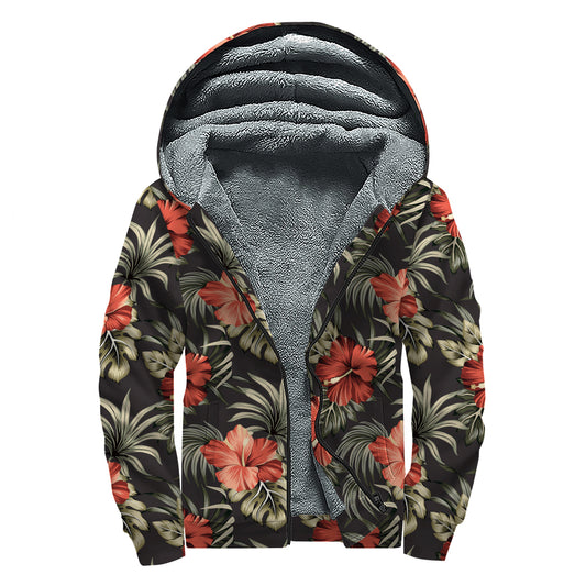 Vintage Tropical Hibiscus Floral Print Sherpa Lined Zip Up Hoodie