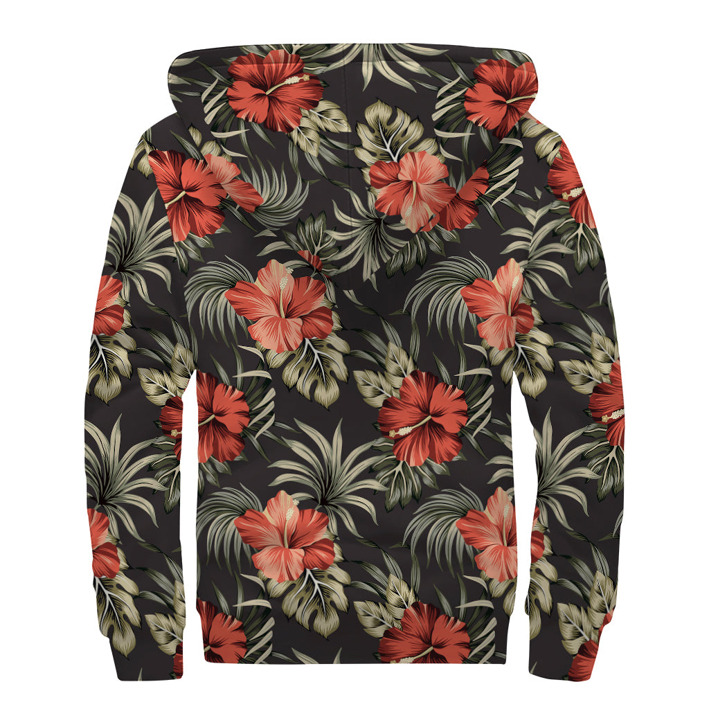 Vintage Tropical Hibiscus Floral Print Sherpa Lined Zip Up Hoodie
