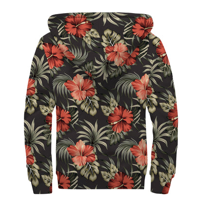 Vintage Tropical Hibiscus Floral Print Sherpa Lined Zip Up Hoodie