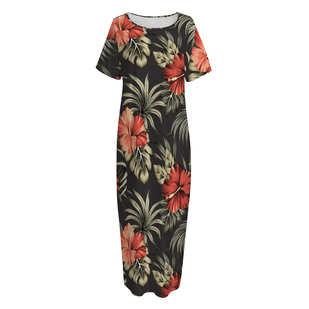 Vintage Tropical Hibiscus Floral Print Short Sleeve Long Nightdress