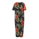 Vintage Tropical Hibiscus Floral Print Short Sleeve Long Nightdress