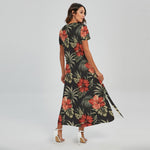 Vintage Tropical Hibiscus Floral Print Short Sleeve Maxi Dress