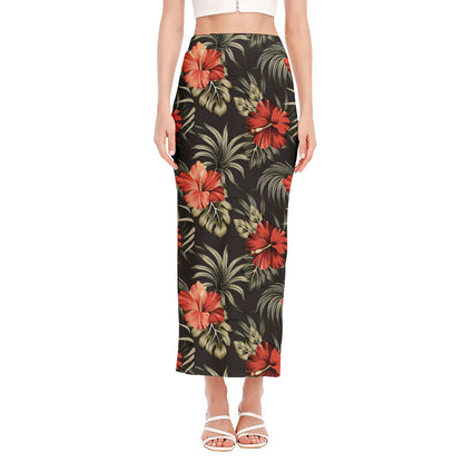 Vintage Tropical Hibiscus Floral Print Side Slit Maxi Skirt