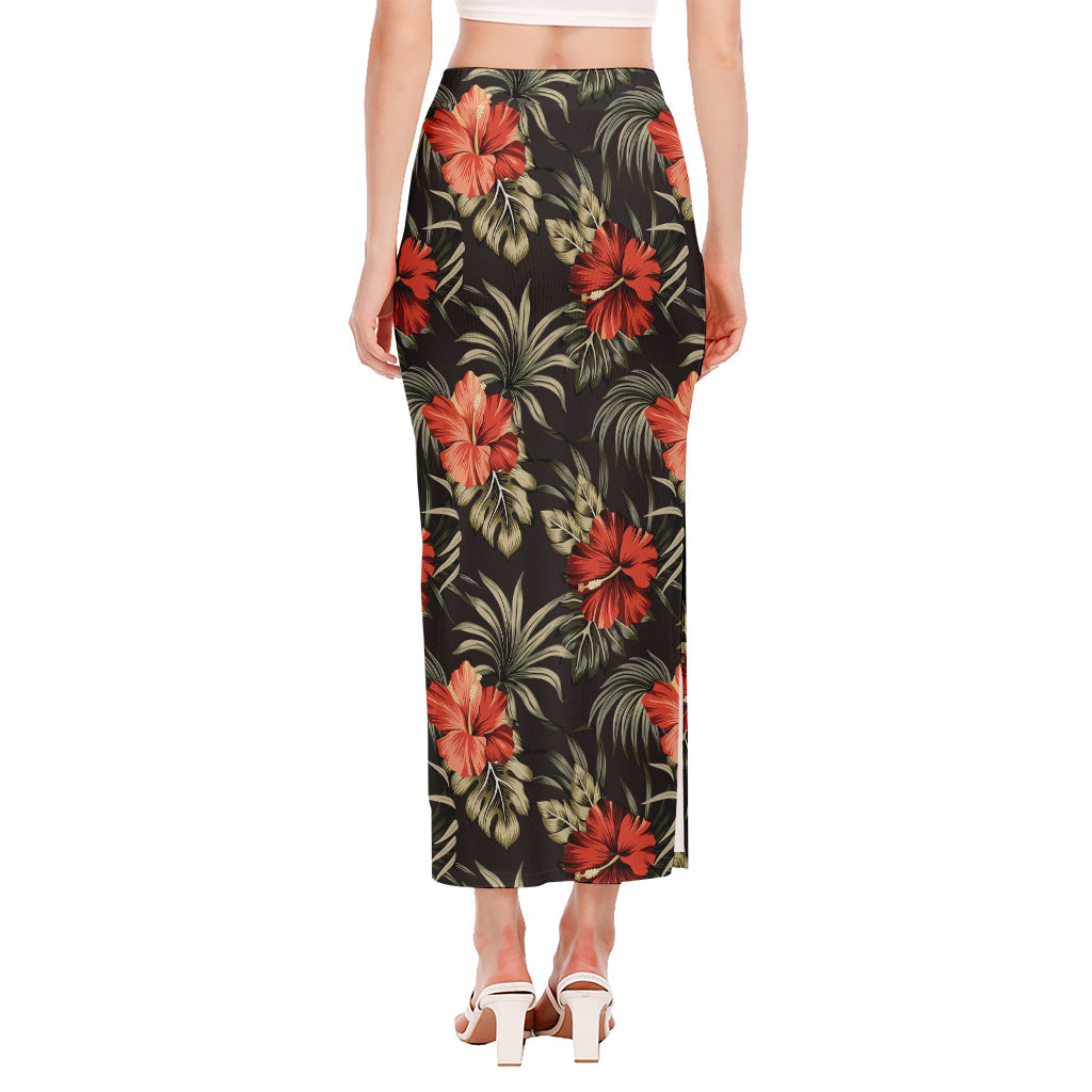 Vintage Tropical Hibiscus Floral Print Side Slit Maxi Skirt