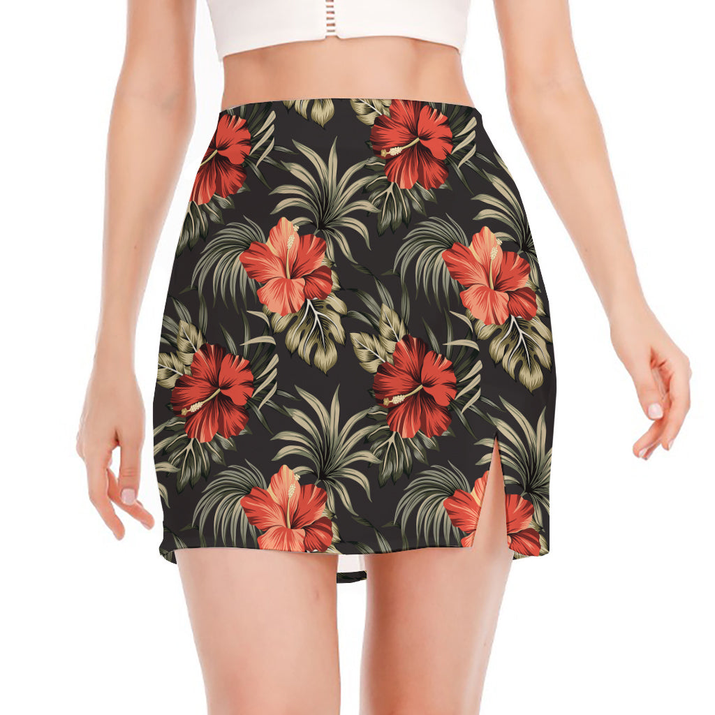 Vintage Tropical Hibiscus Floral Print Side Slit Mini Skirt