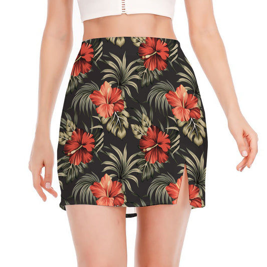 Vintage Tropical Hibiscus Floral Print Side Slit Mini Skirt