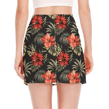 Vintage Tropical Hibiscus Floral Print Side Slit Mini Skirt