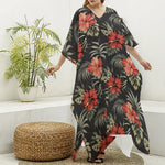 Vintage Tropical Hibiscus Floral Print Silk V-Neck Kaftan Dress