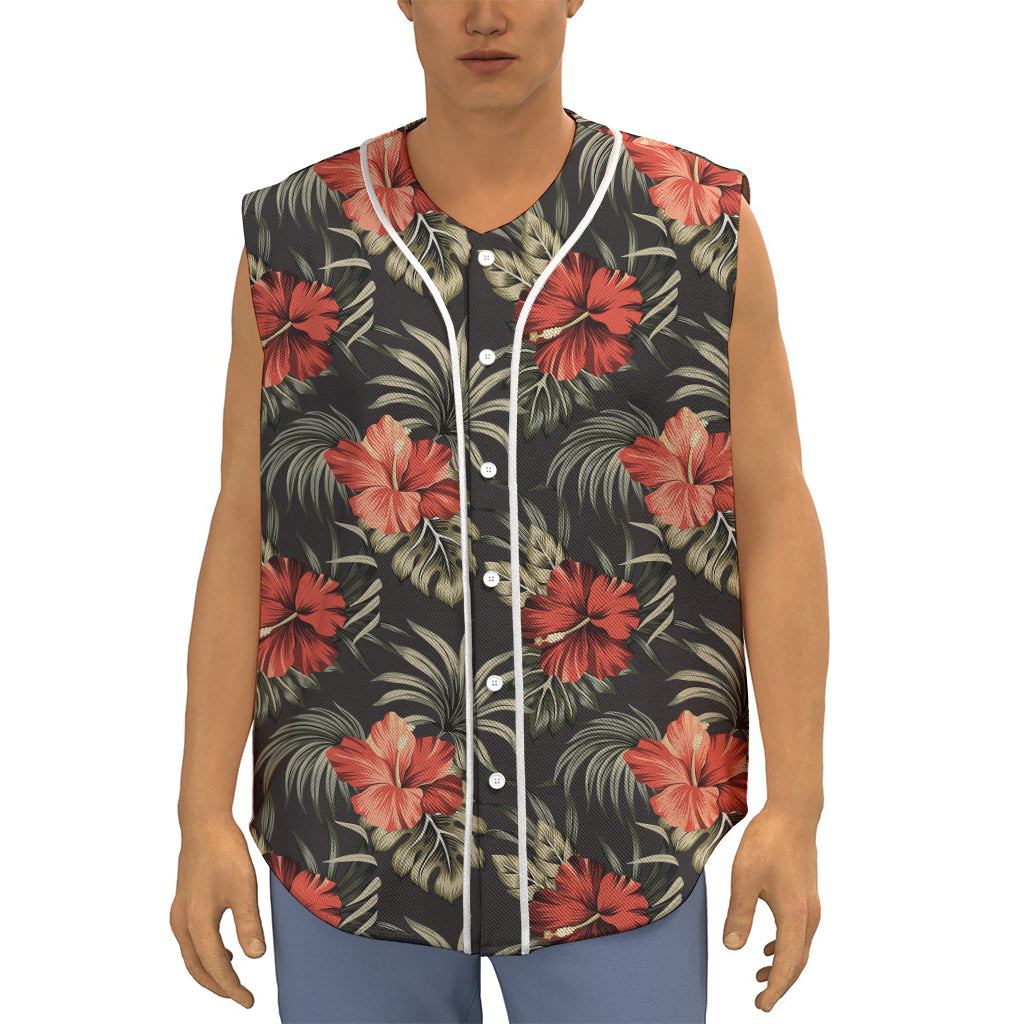 Vintage Tropical Hibiscus Floral Print Sleeveless Baseball Jersey