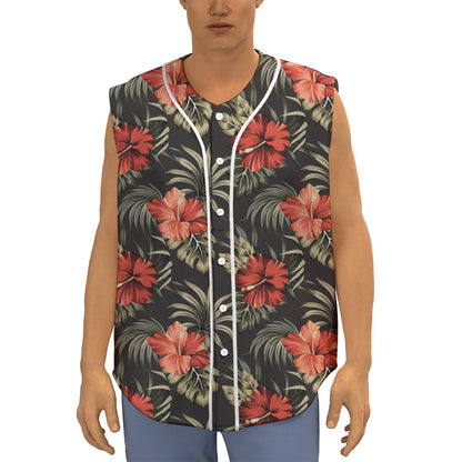 Vintage Tropical Hibiscus Floral Print Sleeveless Baseball Jersey