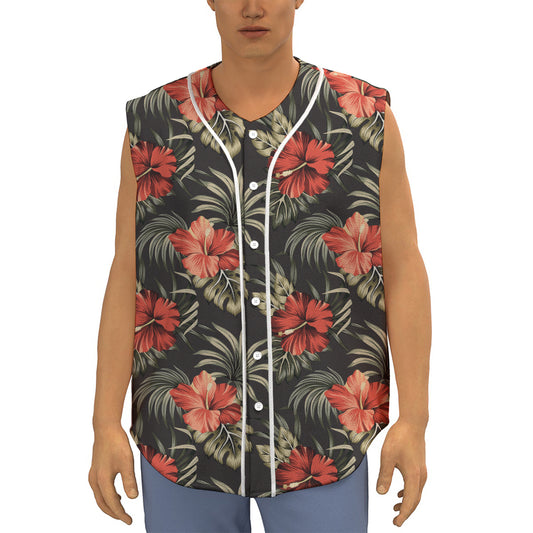 Vintage Tropical Hibiscus Floral Print Sleeveless Baseball Jersey