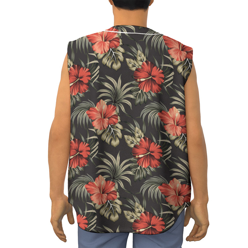 Vintage Tropical Hibiscus Floral Print Sleeveless Baseball Jersey
