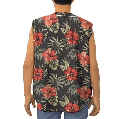 Vintage Tropical Hibiscus Floral Print Sleeveless Baseball Jersey