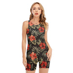 Vintage Tropical Hibiscus Floral Print Sleeveless One Piece Swimsuit