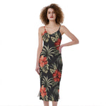 Vintage Tropical Hibiscus Floral Print Slim Fit Midi Cami Dress