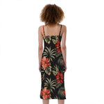 Vintage Tropical Hibiscus Floral Print Slim Fit Midi Cami Dress