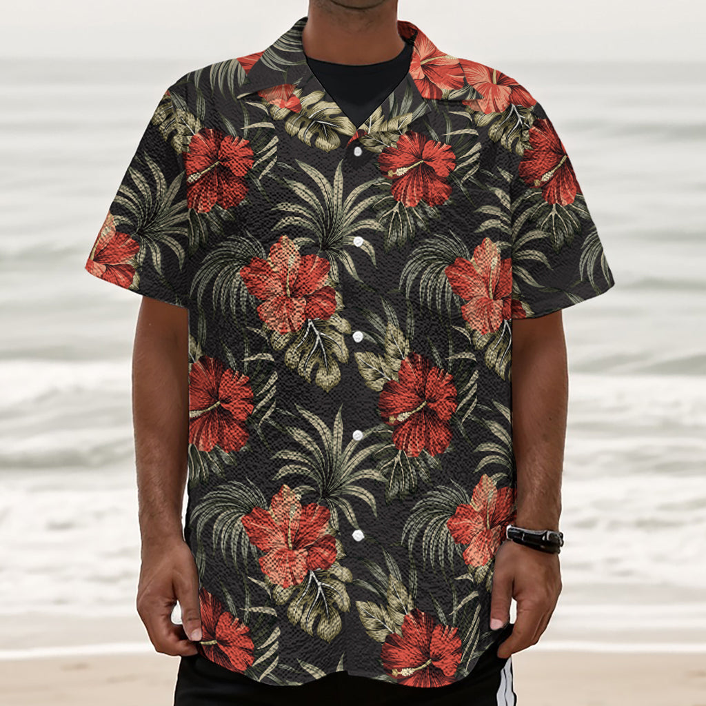 Vintage Tropical Hibiscus Floral Print Textured Short Sleeve Shirt