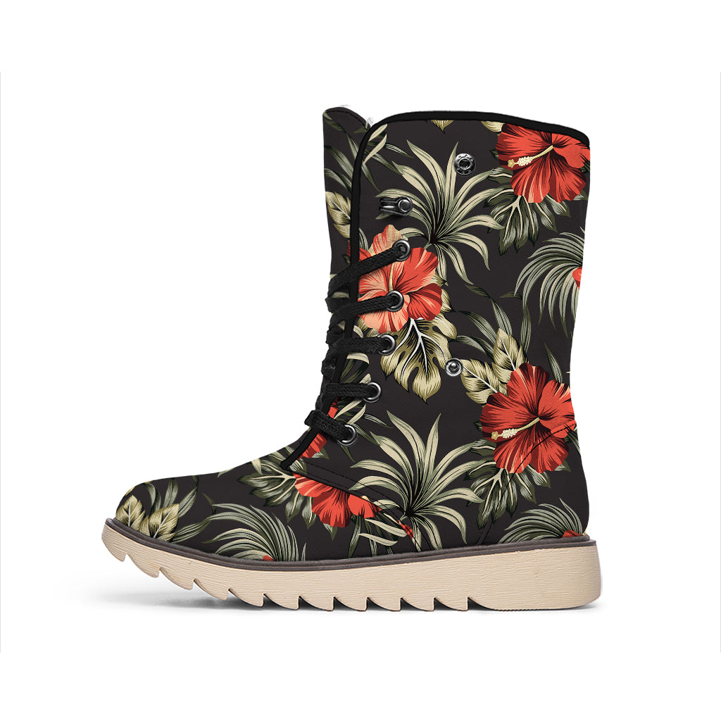 Vintage Tropical Hibiscus Floral Print Winter Boots