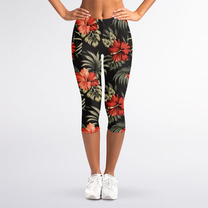 Vintage Tropical Hibiscus Floral Print Women's Capri Leggings
