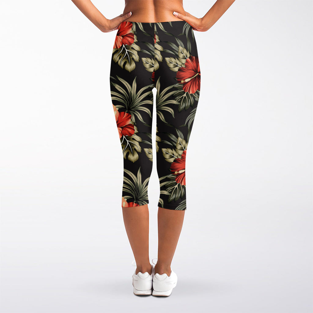 Vintage Tropical Hibiscus Floral Print Women's Capri Leggings