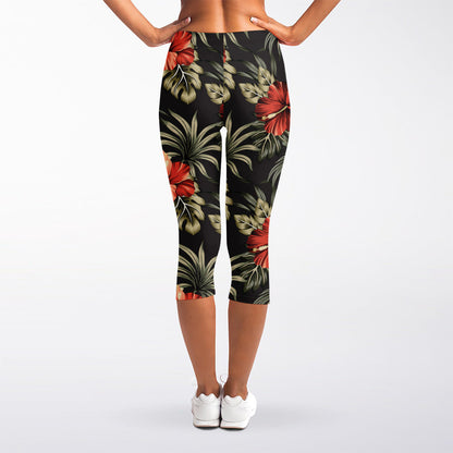 Vintage Tropical Hibiscus Floral Print Women's Capri Leggings
