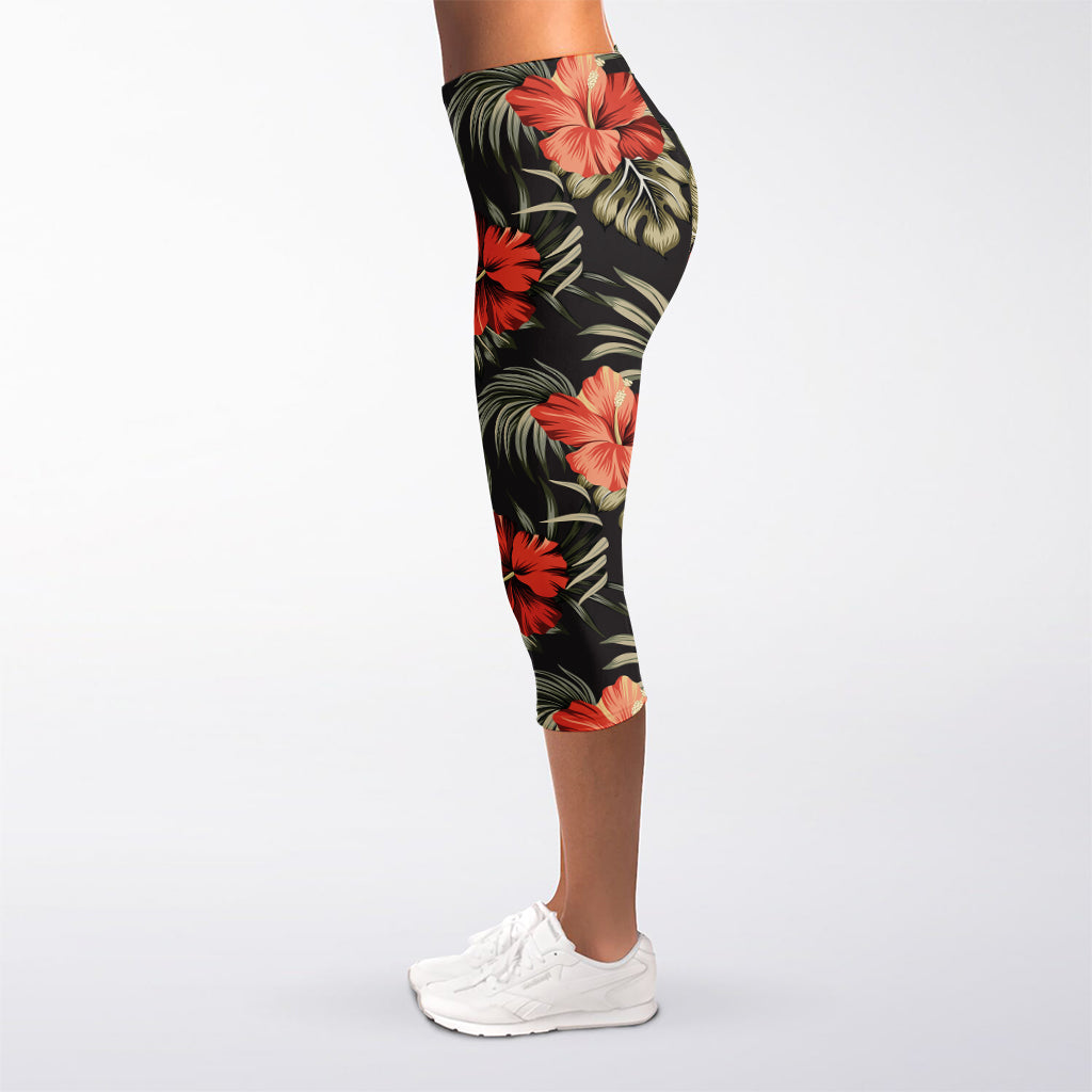 Vintage Tropical Hibiscus Floral Print Women's Capri Leggings