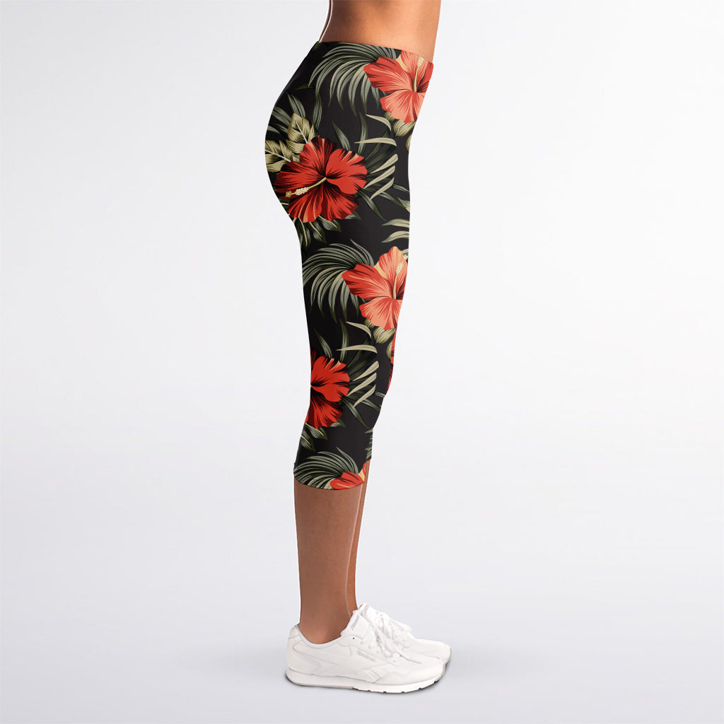 Vintage Tropical Hibiscus Floral Print Women's Capri Leggings