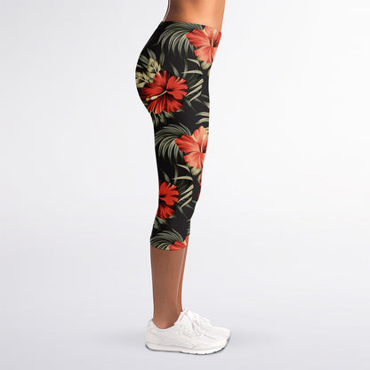 Vintage Tropical Hibiscus Floral Print Women's Capri Leggings