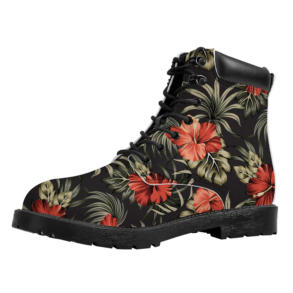 Vintage Tropical Hibiscus Floral Print Work Boots
