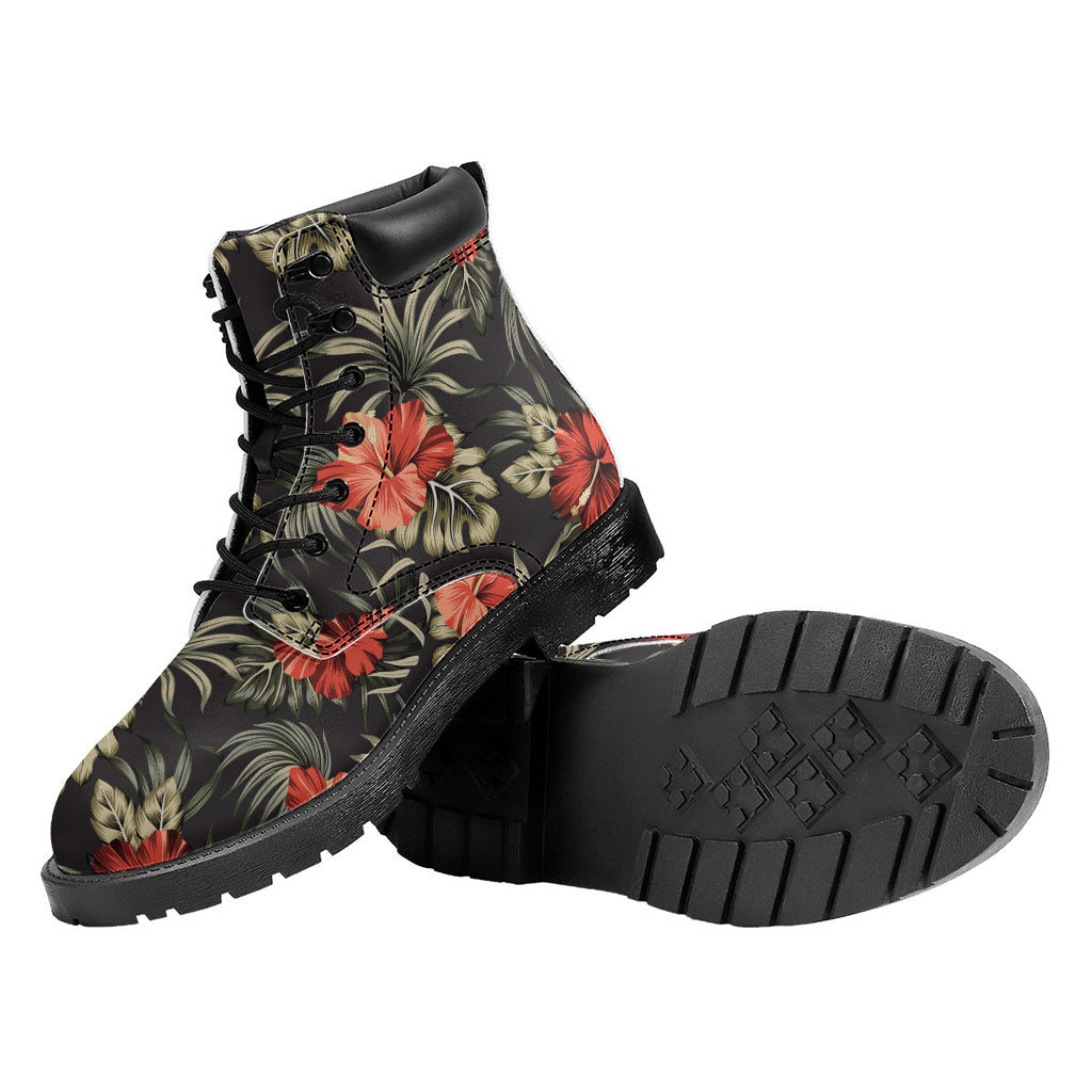 Vintage Tropical Hibiscus Floral Print Work Boots