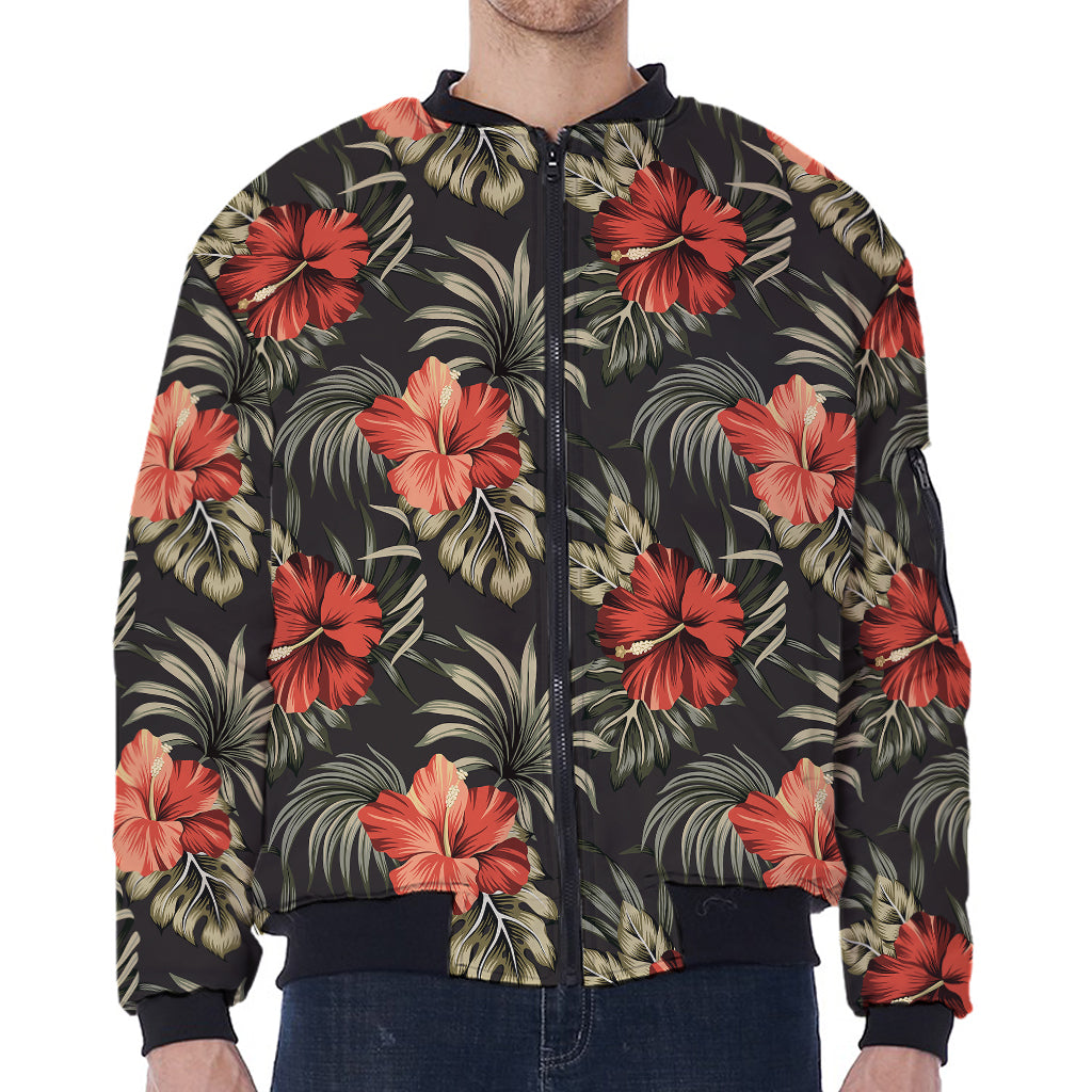 Vintage Tropical Hibiscus Floral Print Zip Sleeve Bomber Jacket